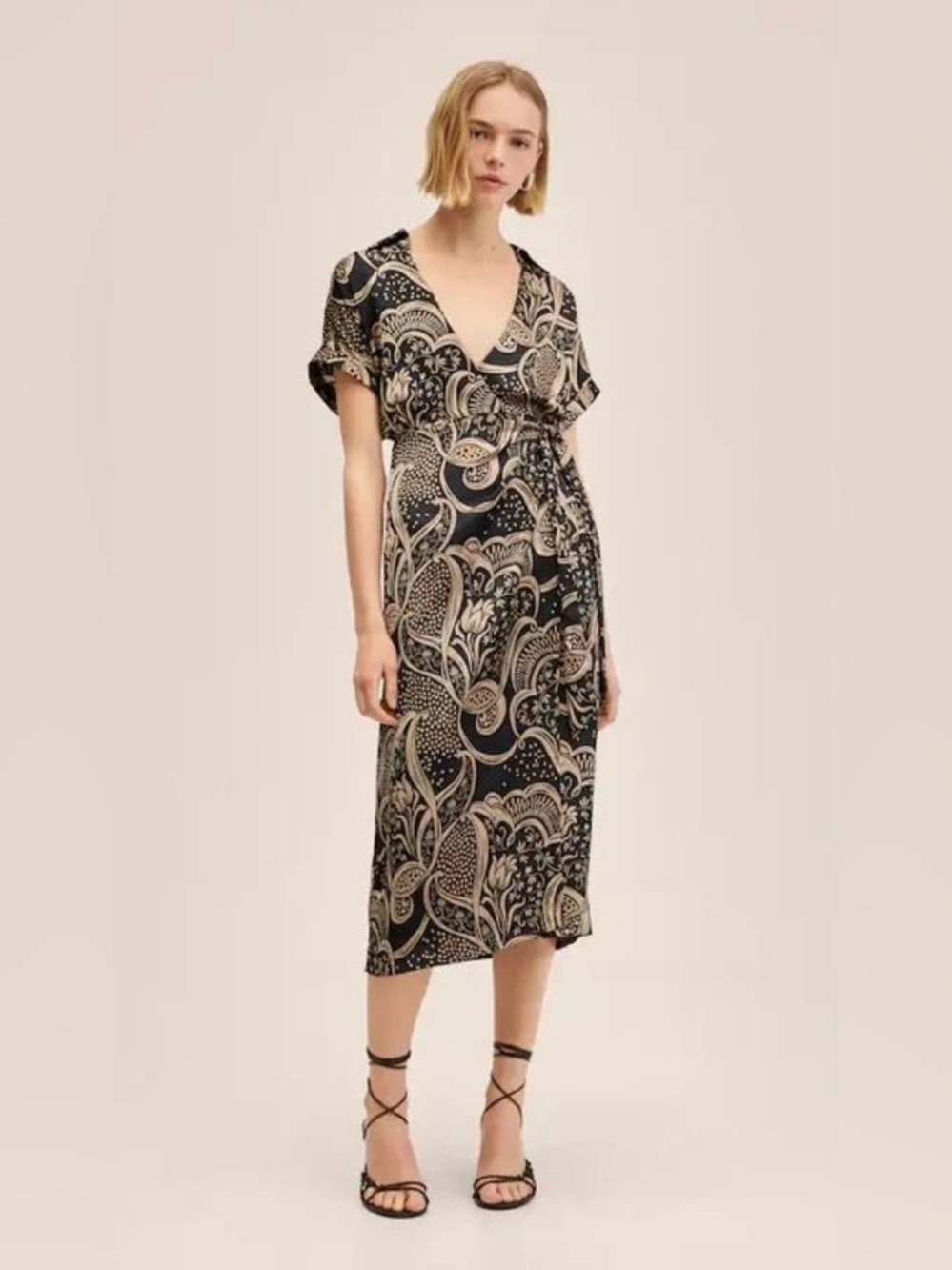 Mango Black and Cream Paisley Wrap-Style Midi Dress